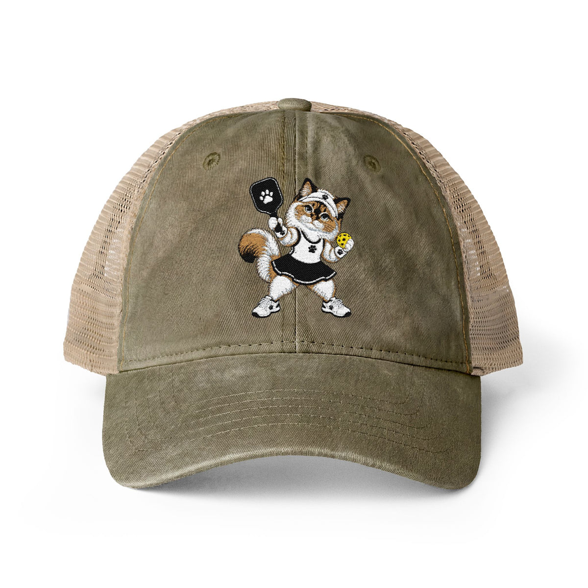 Pickleball Cat Embroidered Women's Washed Mesh-Back Cap