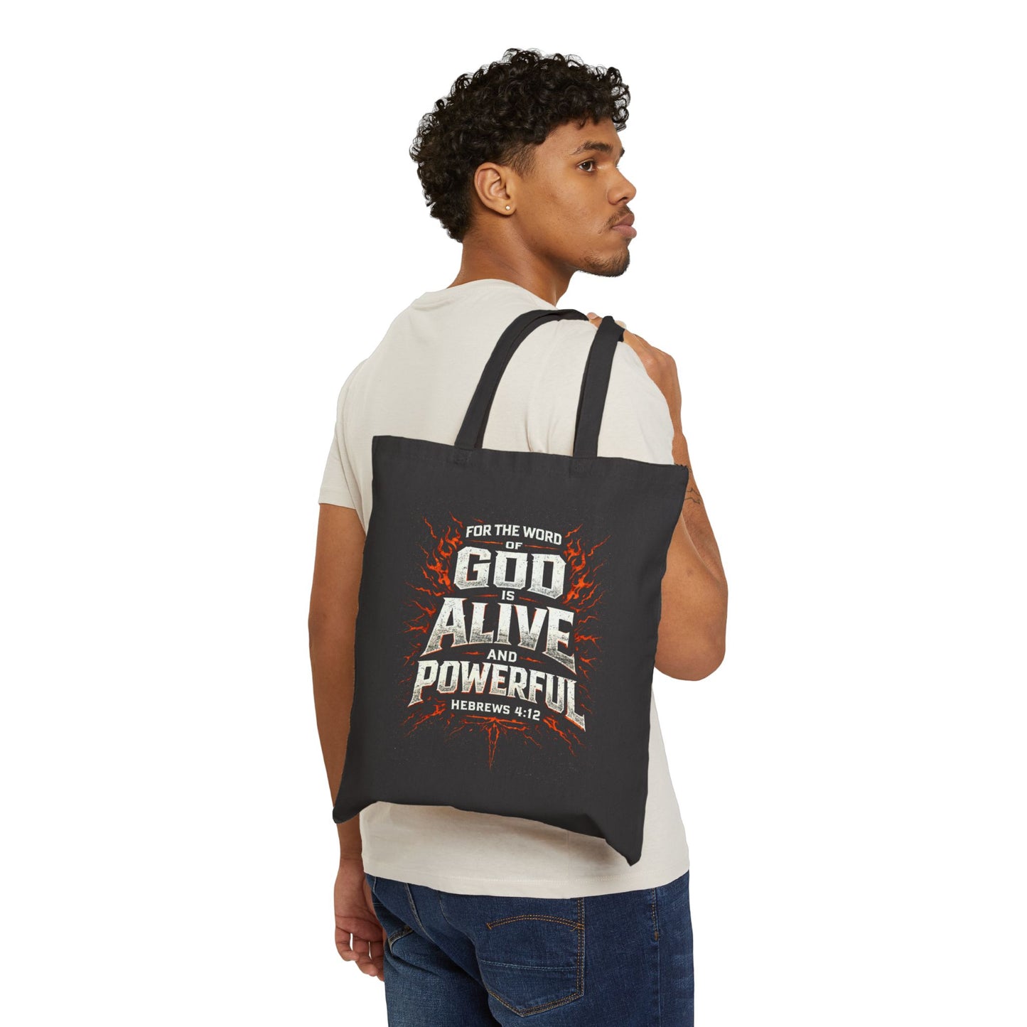 God is Alive and Powerful Tote Bag | Hebrews 4:12 Scripture Canvas