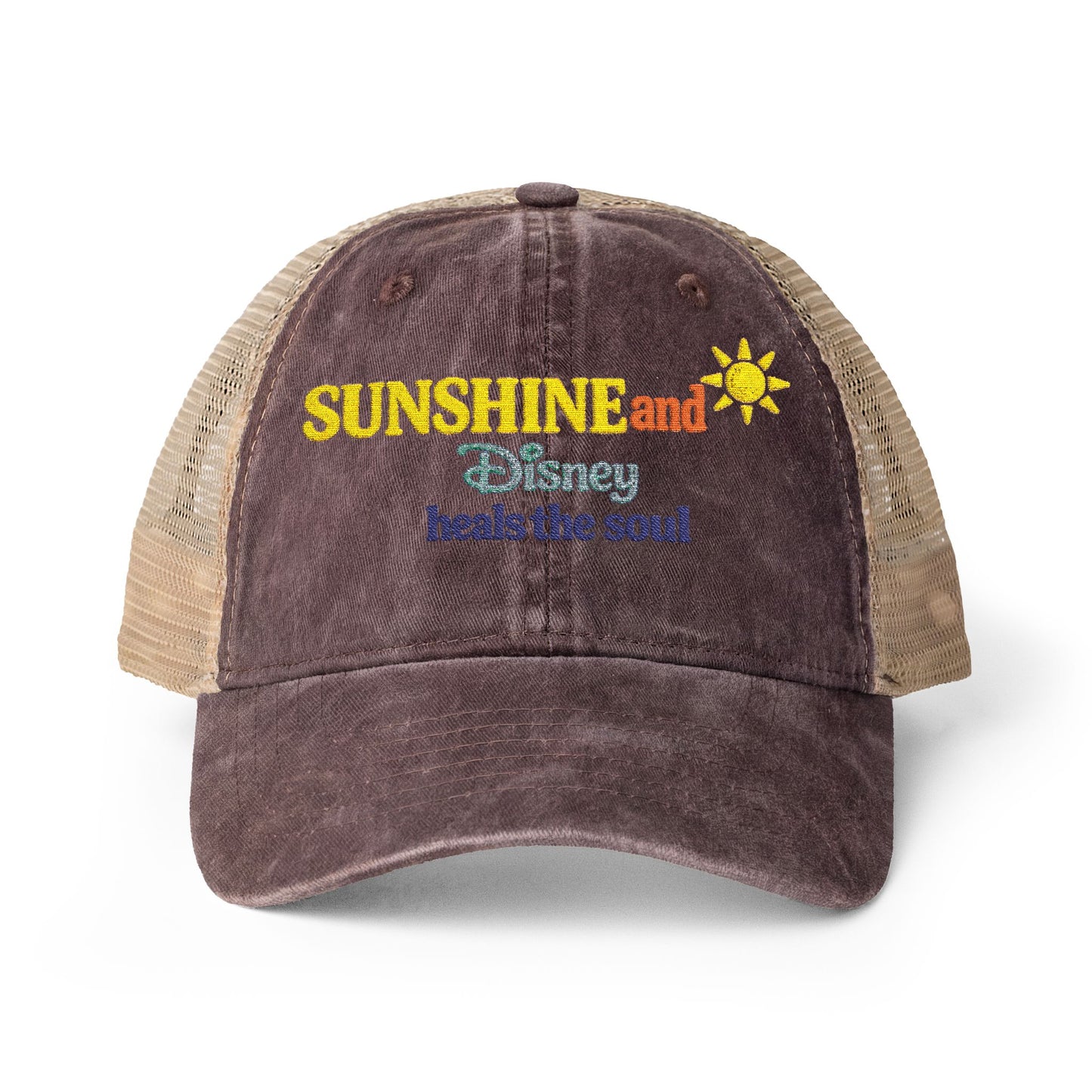 Women's Washed Mesh-Back Cap Embroidered Sunshine and Disney heals the soul solid print on front/pattern under visor