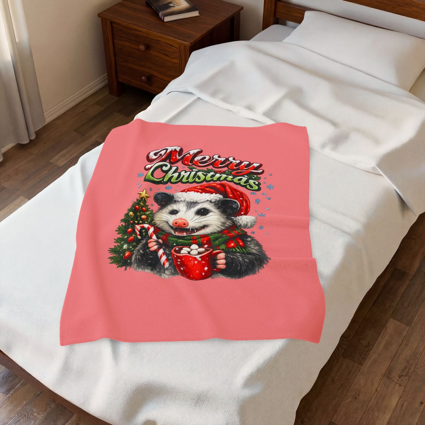 Merry Christmas Opossum Velveteen Plush Blanket