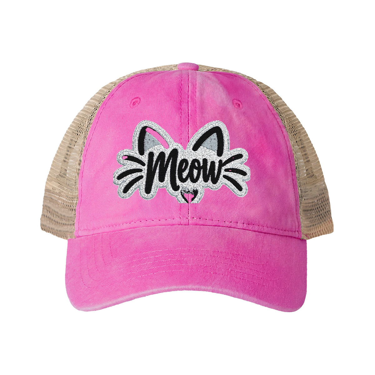 Meow Cat Embroidered Women's Washed Mesh-Back Cap