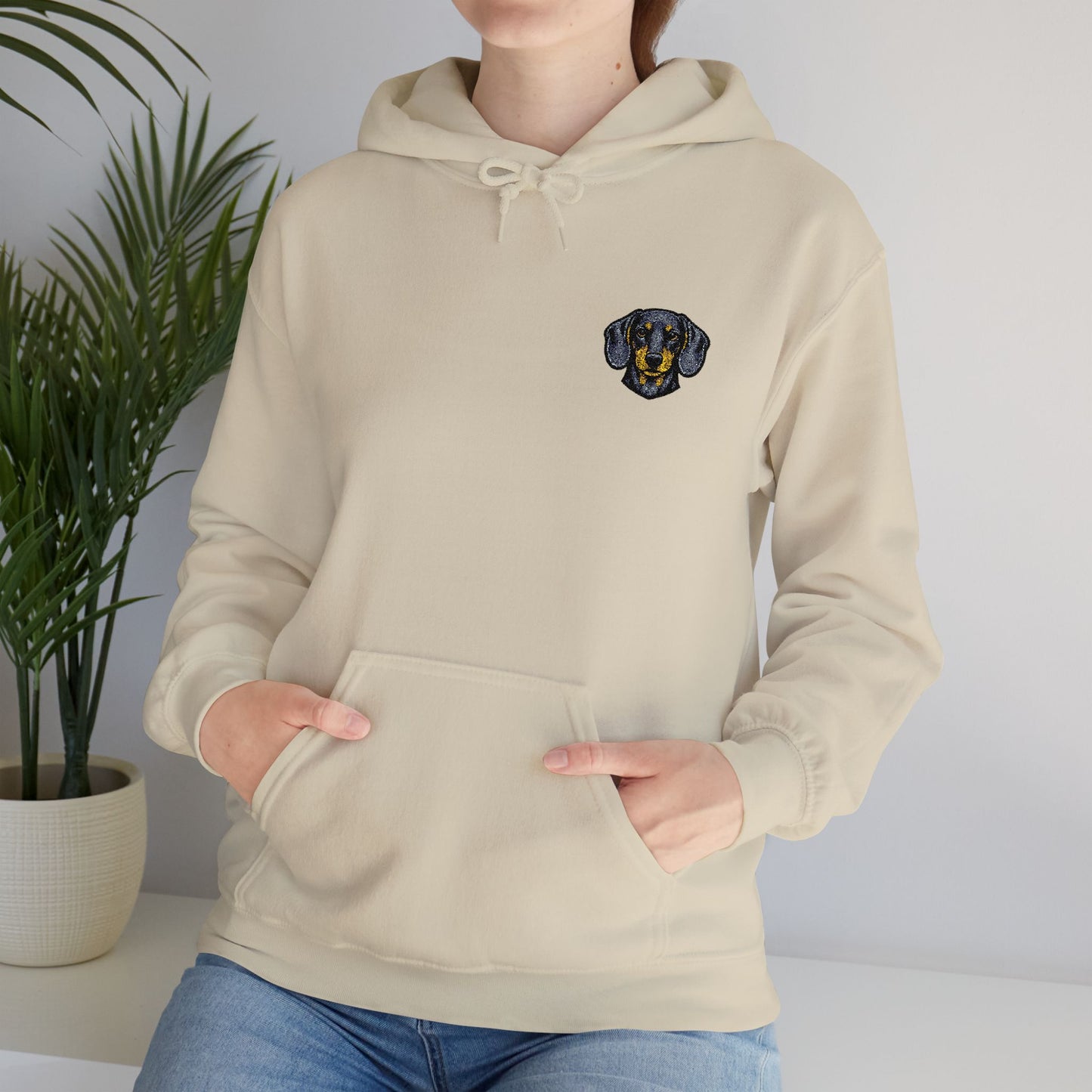 Dachshund embroidered design on hooded sweatshirt