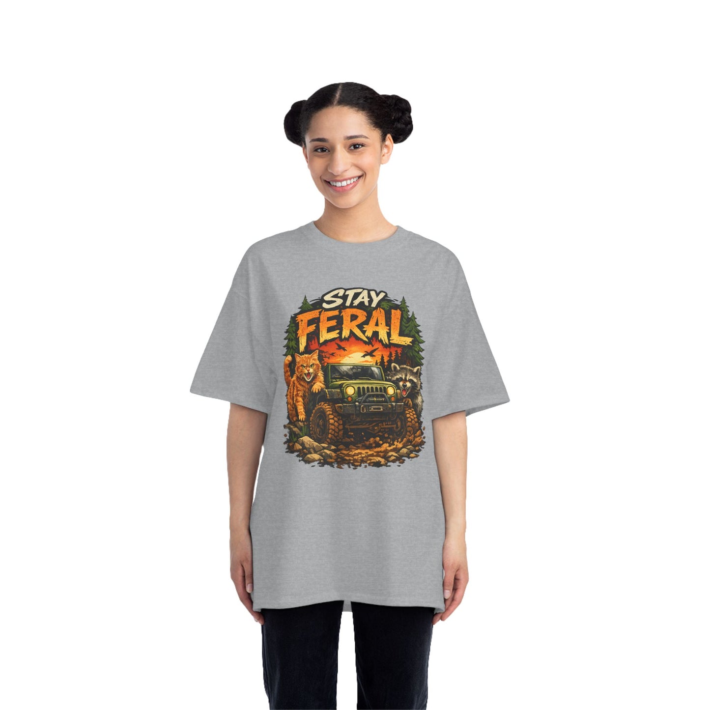 Stay Feral cat, raccoon and 4x4 T-Shirt | Outdoor Adventure Graphic Tee, humorous wildlife off-road tee
