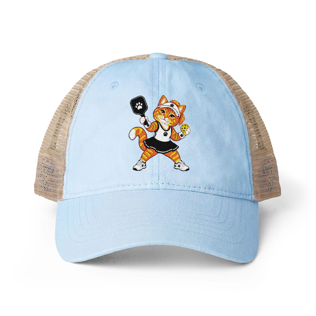 Pickleball Orange Cat Embroidered Women's Washed Mesh-Back Cap