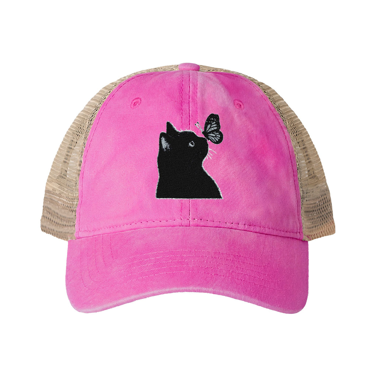 Black Cat embroidered Women's Washed Mesh-Back Cap