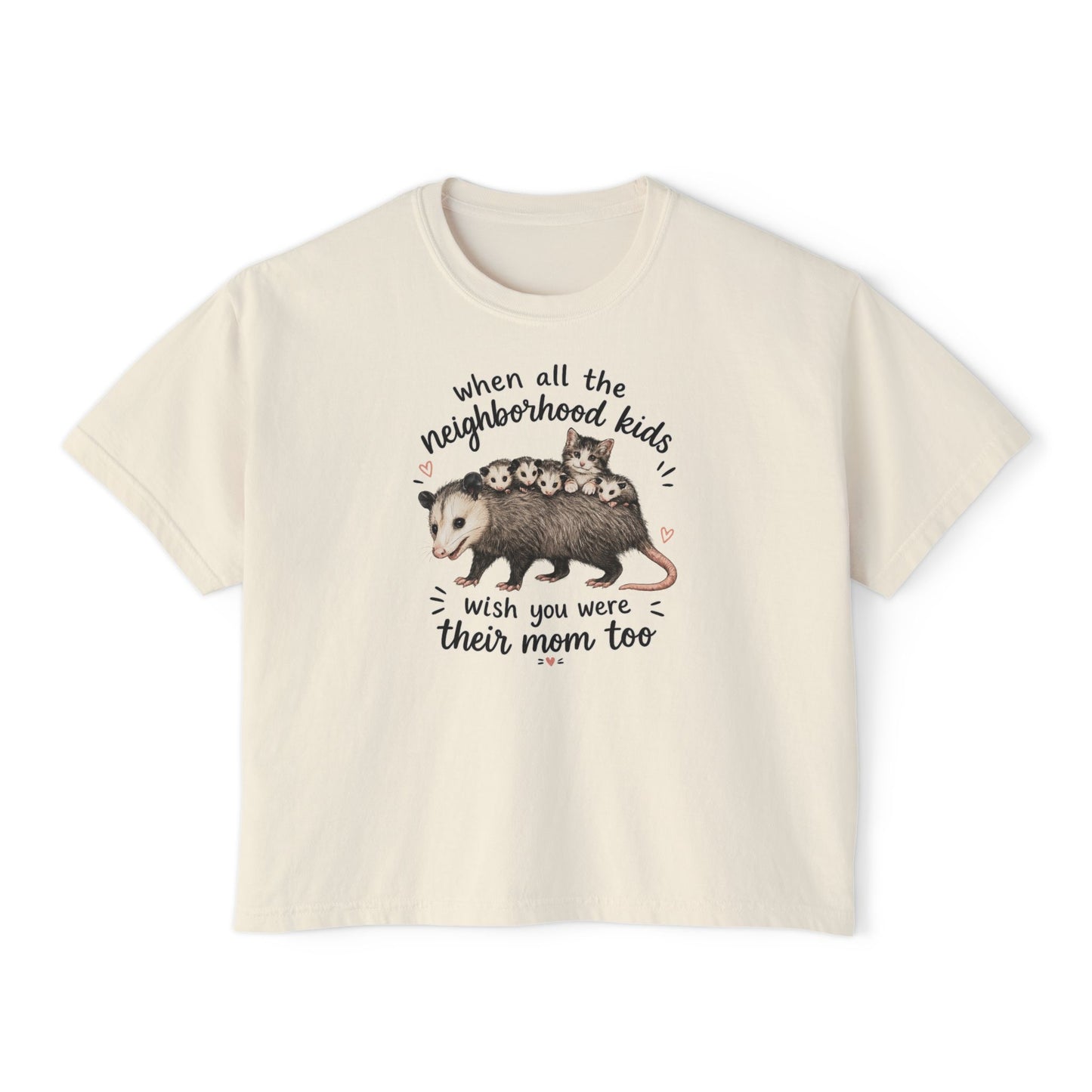 Women's Boxy Tee- Opossum and kitten neighborhood mom graphic