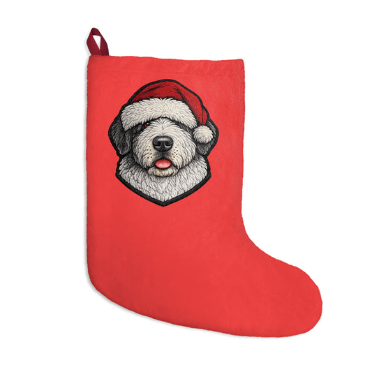 Sheep Dog Face Christmas Stocking – Red Holiday Stocking with Cute Sheepdog Portrait
