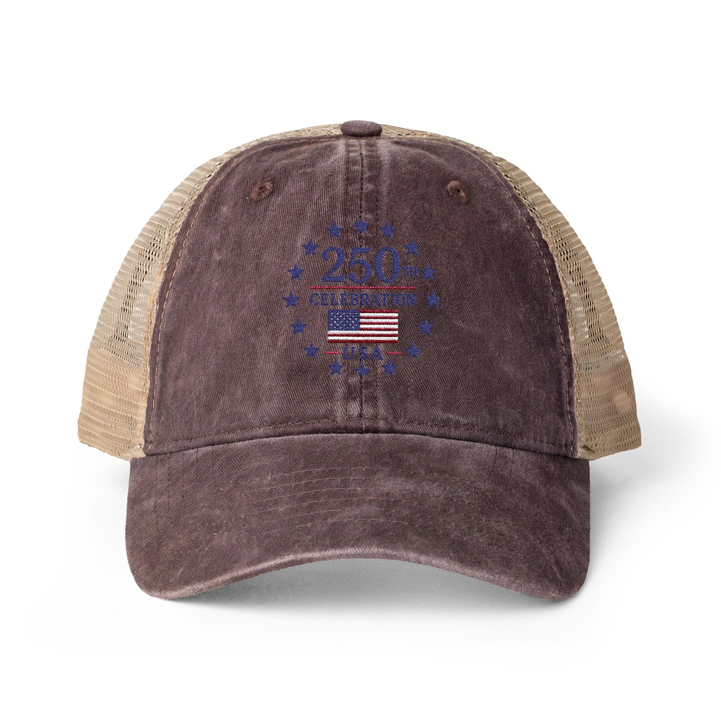 Women's Washed Mesh-Back Cap with print underneath bill embroidered USA 250th celebration various colors