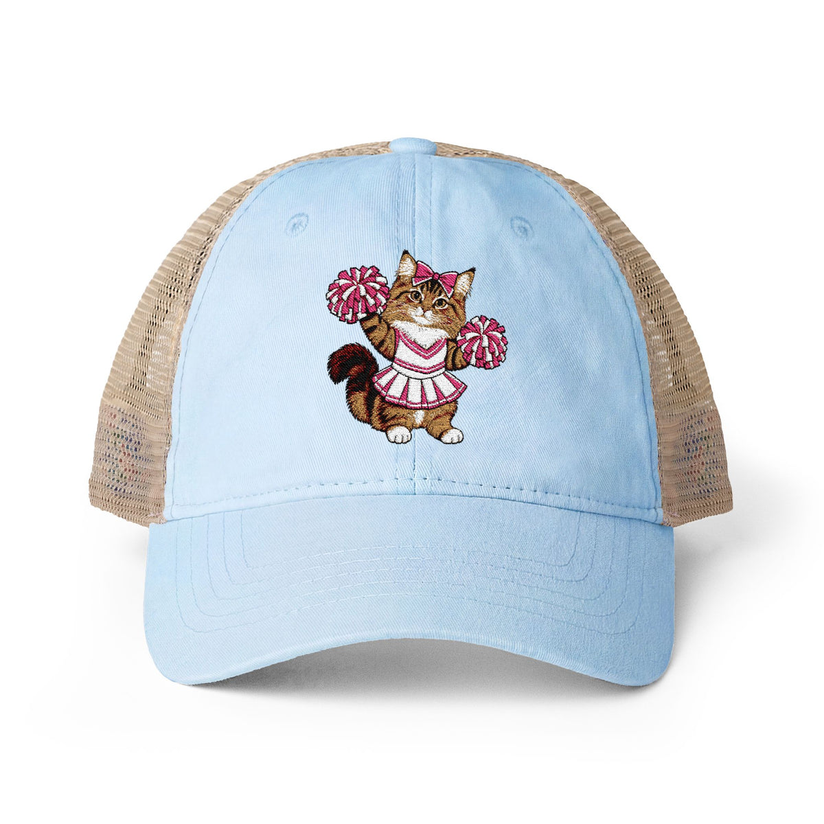 Cheerleader Cat Embroidered Women's Washed Mesh-Back Cap