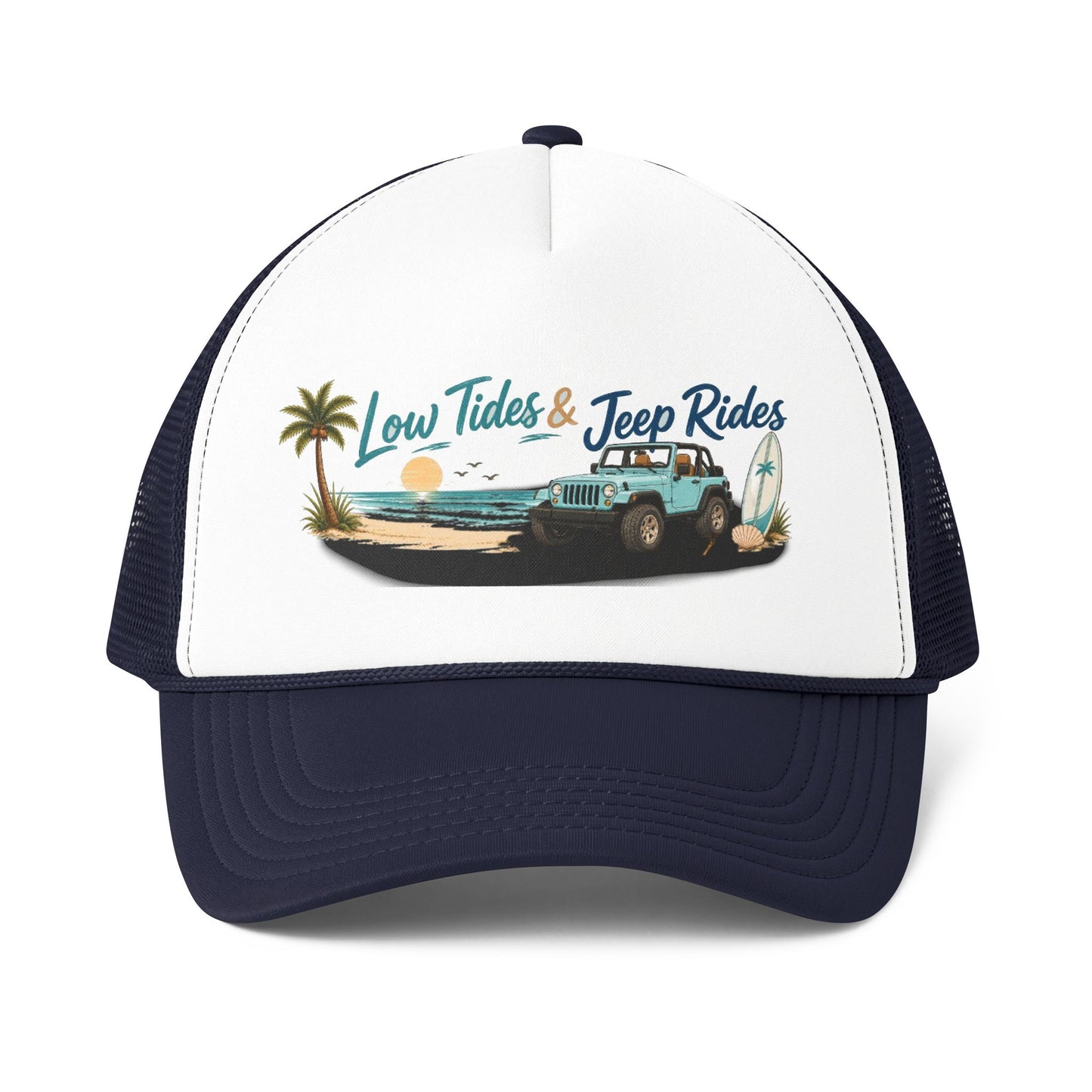 Low Tides & Beach Rides Trucker Cap | Beach 4x4 Surf Ocean Vintage Graphic