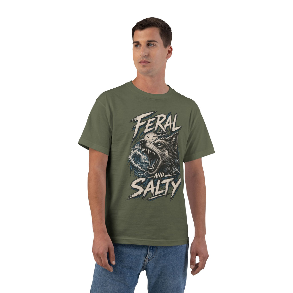 Feral and Salty Wolf Ocean T-Shirt — Graphic Animal Tee for Outdoor & Casual Wear