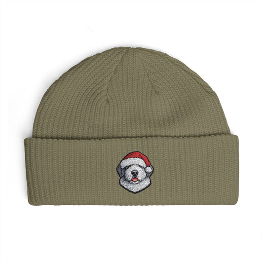 Cuffed Beanie — Embroidered Old English Sheep Dog in Santa Hat Winter Hat