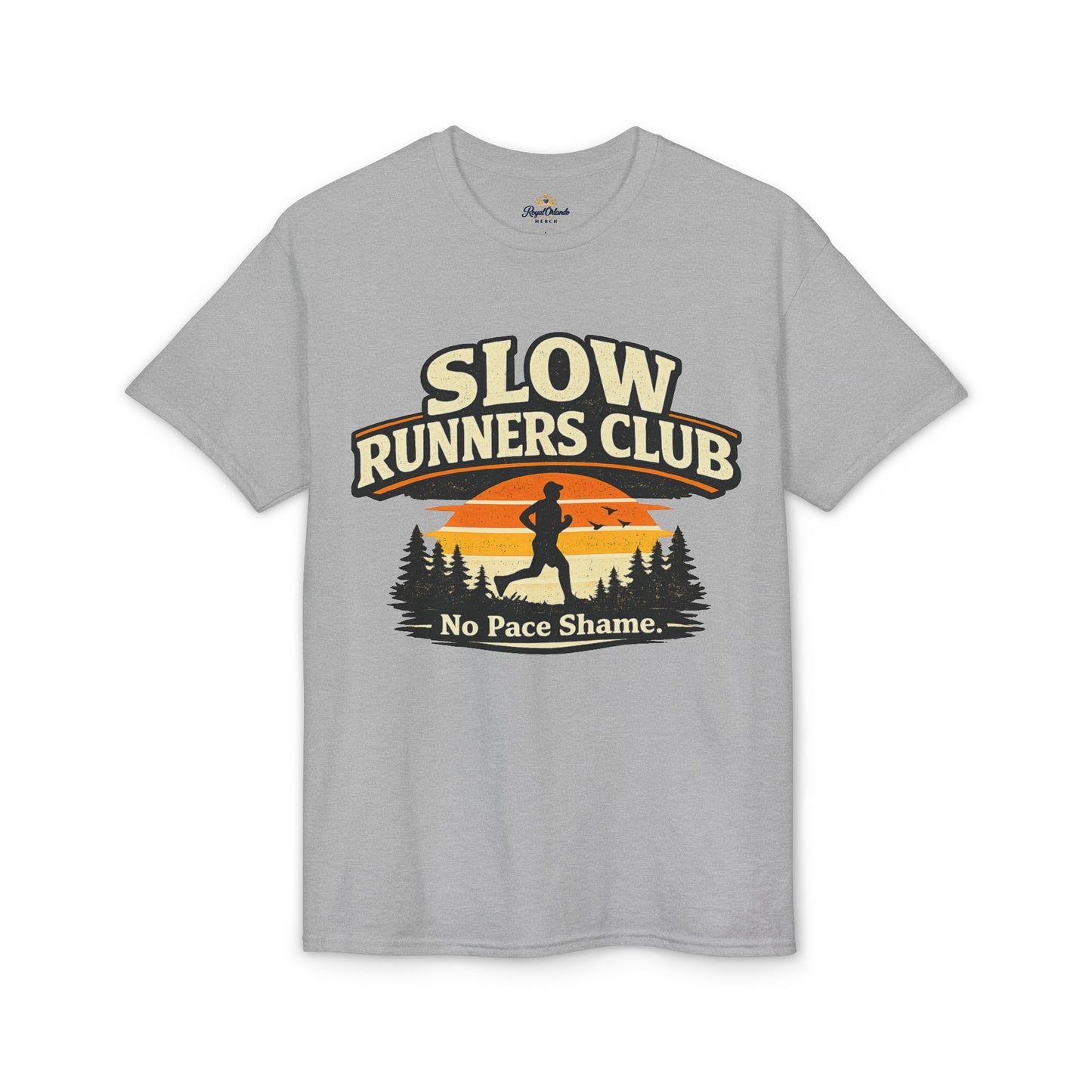 Slow Runners Club No Pace Shame T-Shirt | Retro Sunset Trail Running Shirt