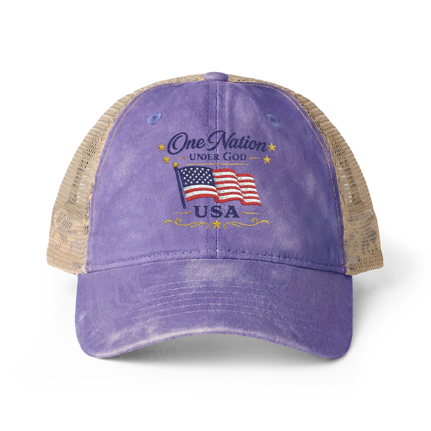Women's Washed Mesh-Back Cap Embroidered "One Nation Under God" USA Flag - cool prints under bill of cap