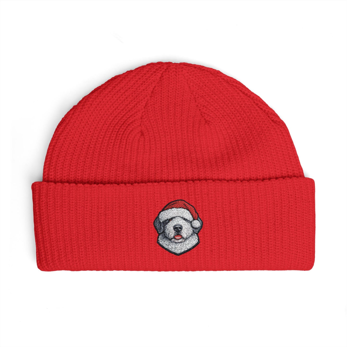 Cuffed Beanie — Embroidered Old English Sheep Dog in Santa Hat Winter Hat