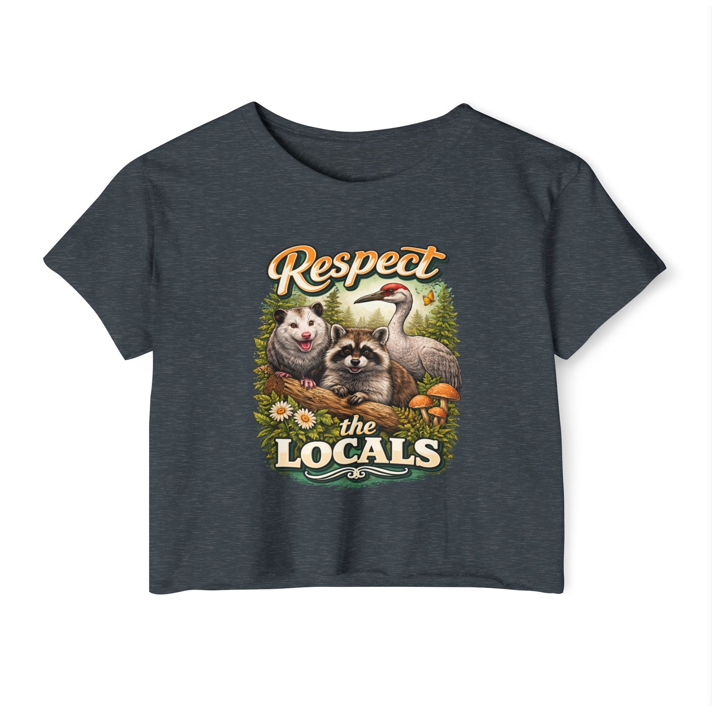 Respect the Locals Crop Top | Raccoon Opossum Sandhill Crane Nature Graphic Wildlife conservation