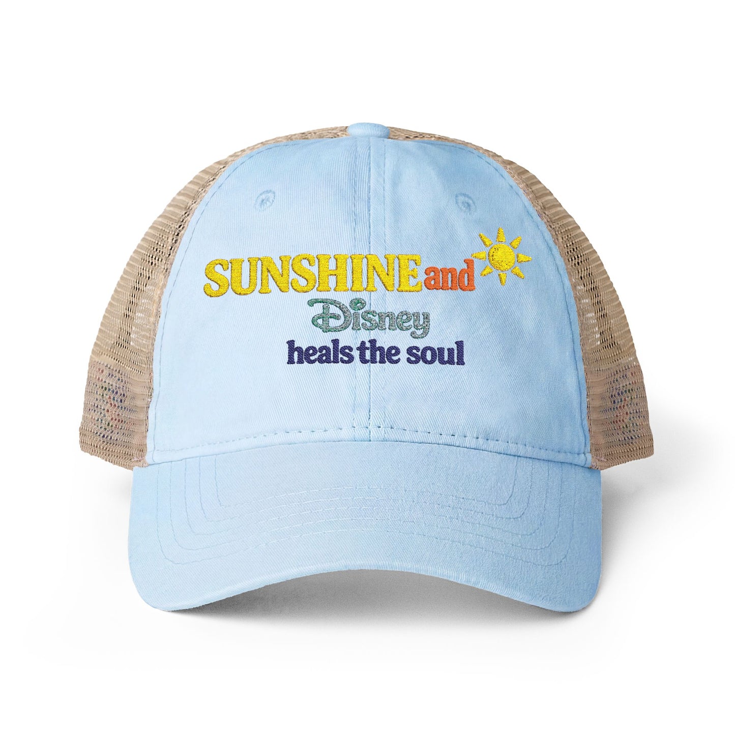 Women's Washed Mesh-Back Cap Embroidered Sunshine and Disney heals the soul solid print on front/pattern under visor