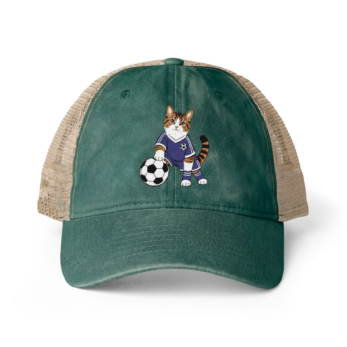 Soccer Cat Embroidered Women's Washed Mesh-Back Cap