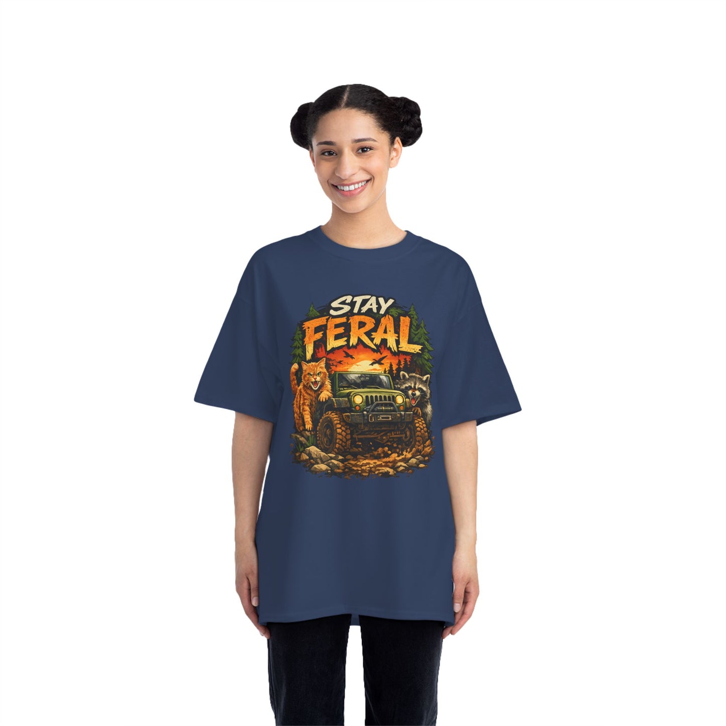 Stay Feral cat, raccoon and 4x4 T-Shirt | Outdoor Adventure Graphic Tee, humorous wildlife off-road tee