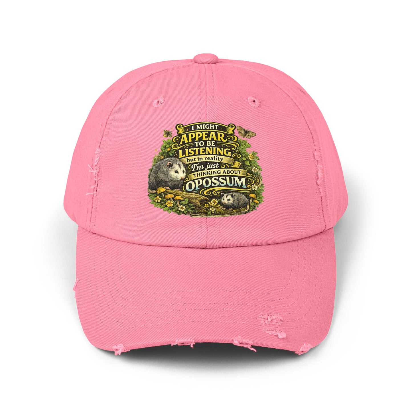 I Might Appear To Be Listening Cap | Opossum Illustration, Distressed Baseball Hat