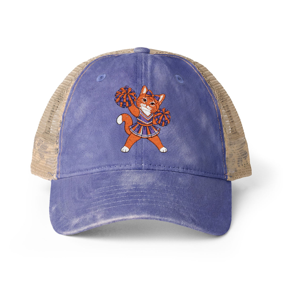 Orange Cheer Cat Embroidered Women's Washed Mesh-Back Cap