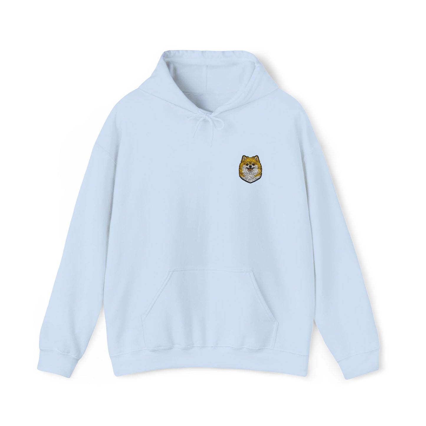 Pomeranian embroidered design on hooded sweatshirt