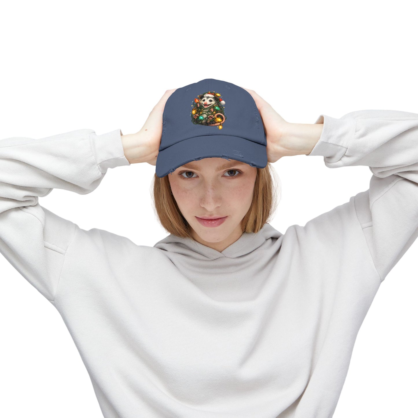 Christmas Opossum Distressed Cap — Cute Opossum Wrapped in Holiday Lights