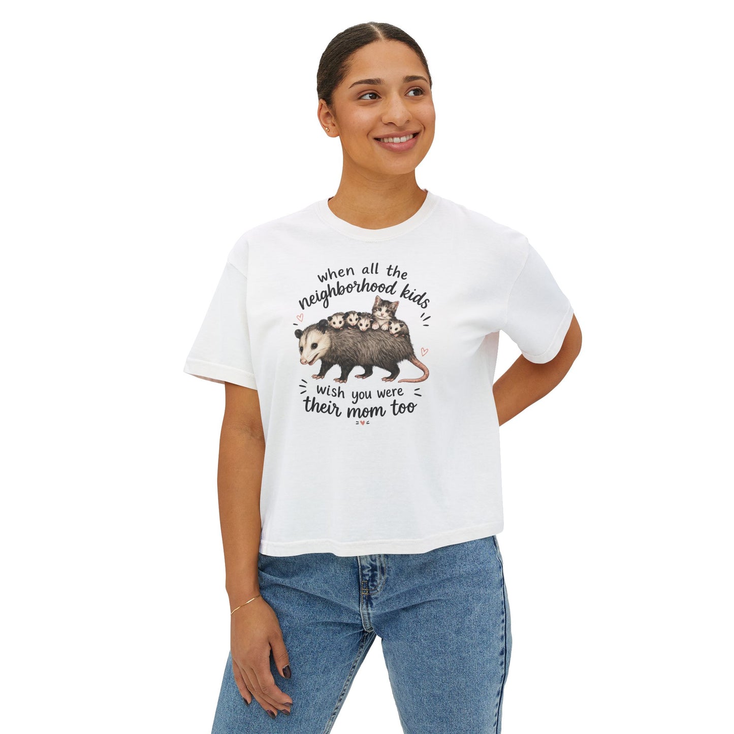 Women's Boxy Tee- Opossum and kitten neighborhood mom graphic