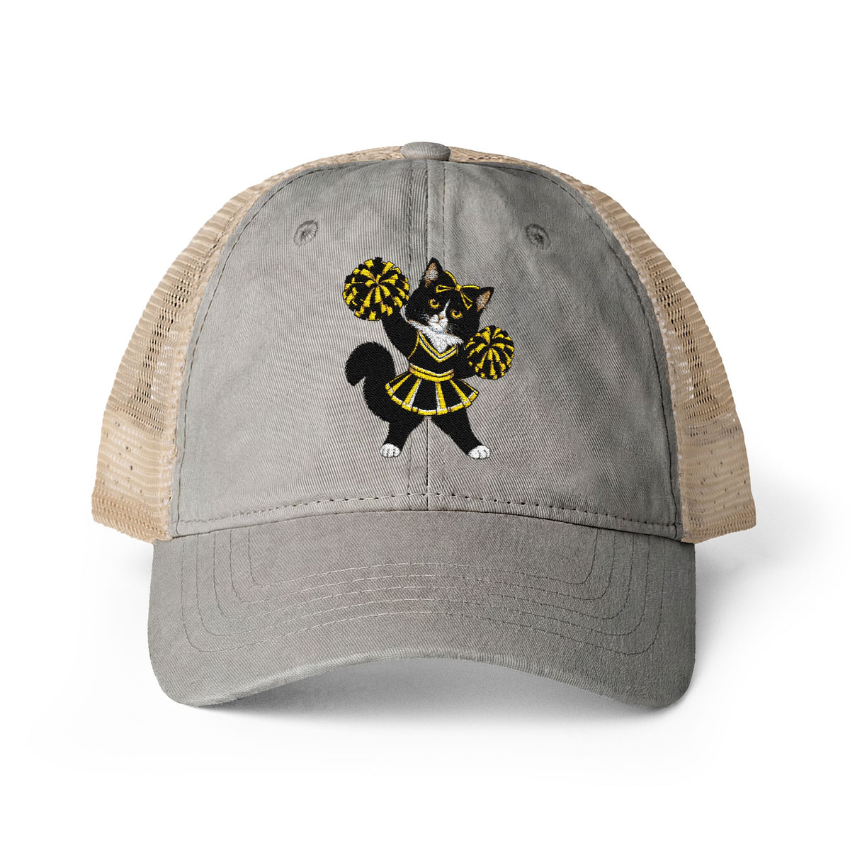 Tuxedo Cat embroidered Women's Washed Mesh-Back Cap