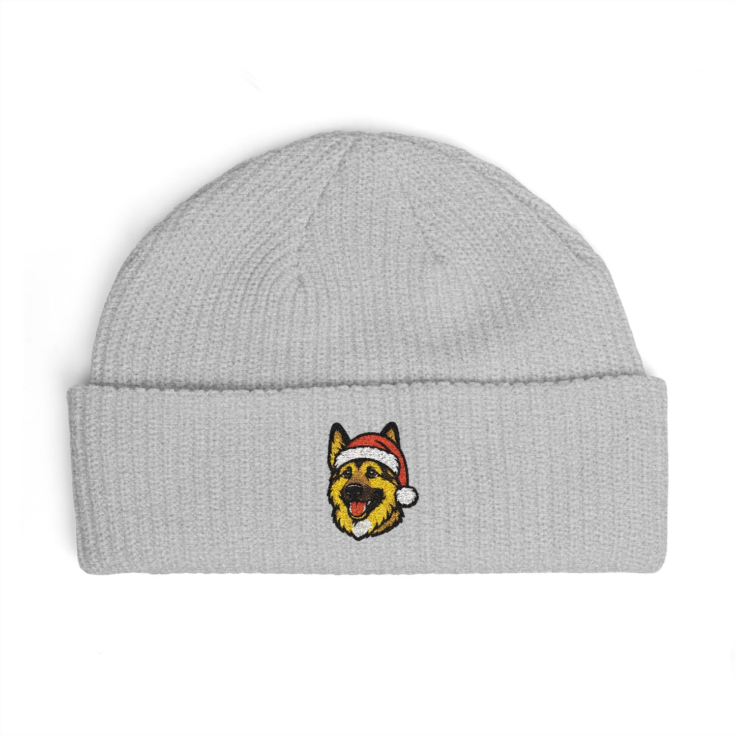 Cuffed Beanie — Embroidered German Shepherd Dog in Santa Hat Winter cap