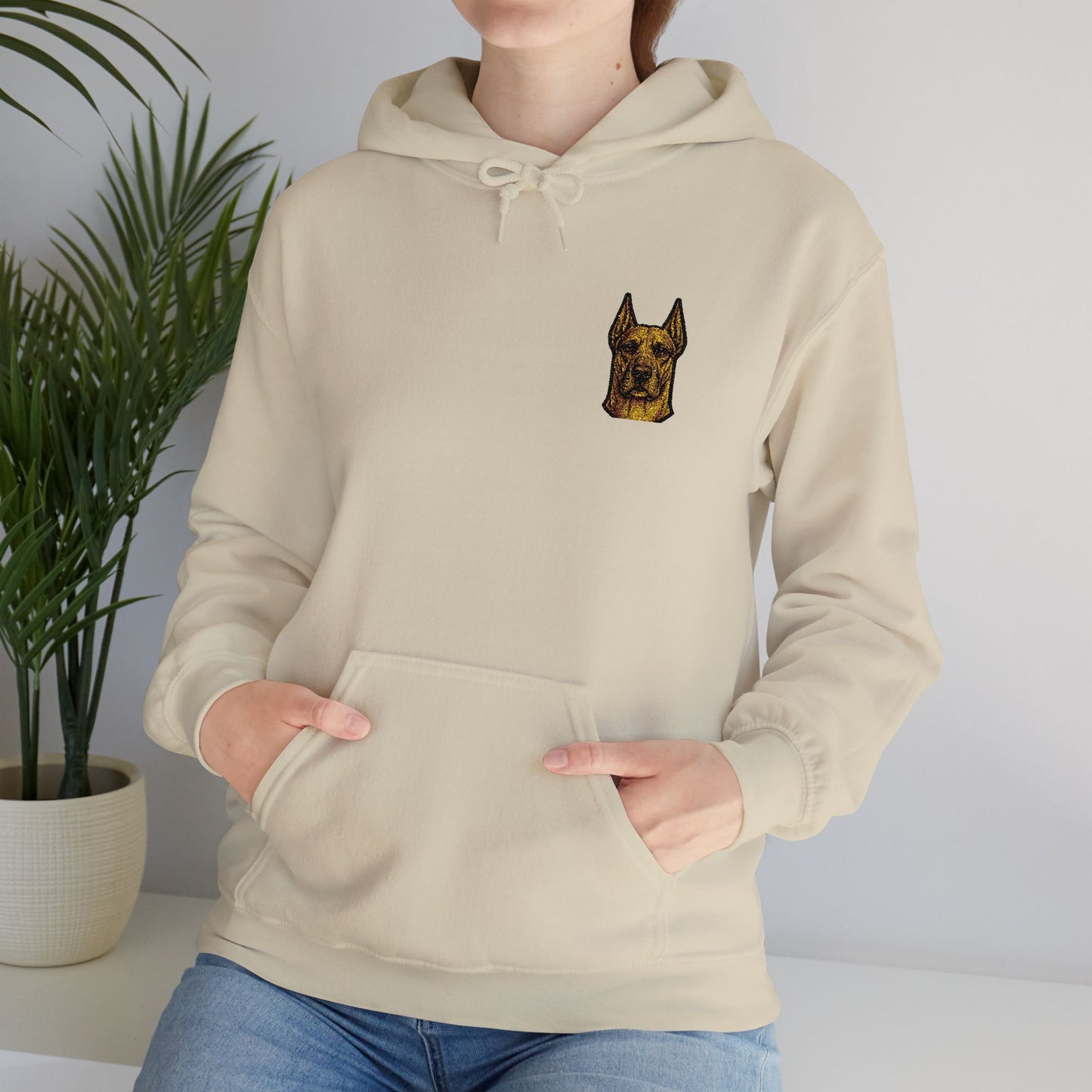Great Dane embroidered design on hooded sweatshirt