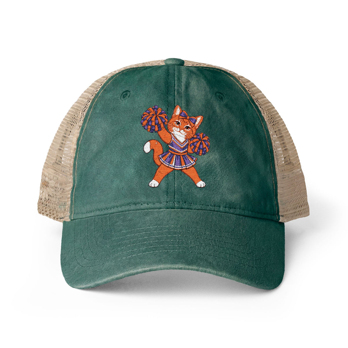 Orange Cheer Cat Embroidered Women's Washed Mesh-Back Cap
