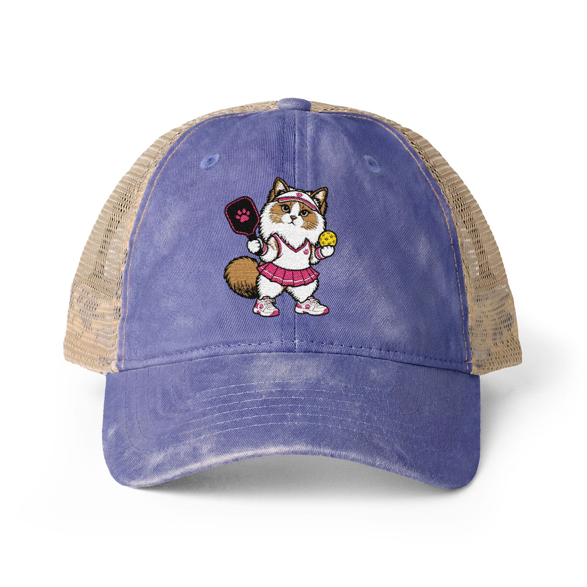 Pickleball Cat Embroidered Women's Washed Mesh-Back Cap