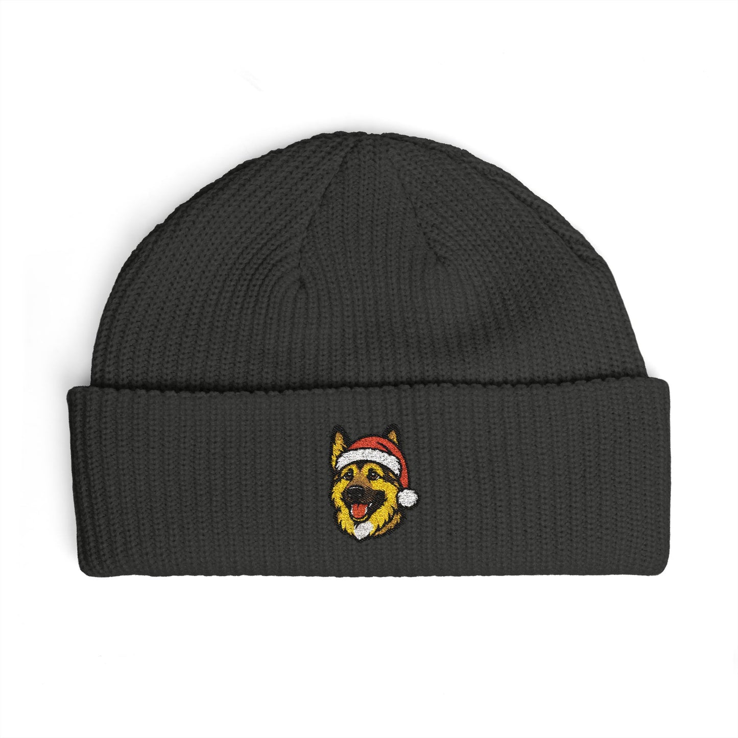 Cuffed Beanie — Embroidered German Shepherd Dog in Santa Hat Winter cap