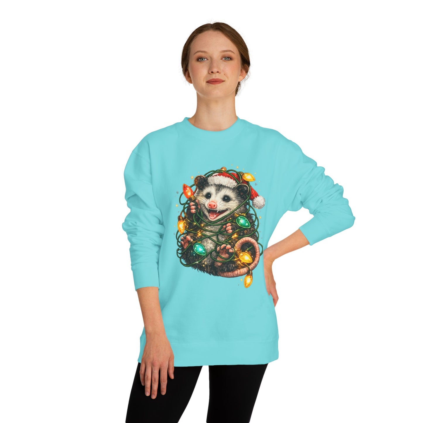 Christmas Opossum Sweatshirt — Cute Opossum Wrapped in Holiday Lights