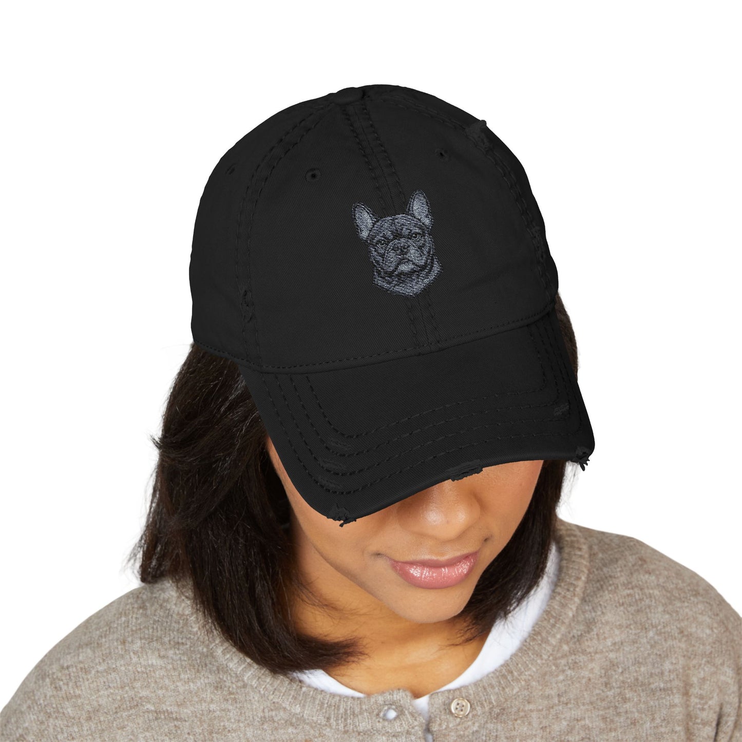 Embroidered Black French Bulldog Face Dad Hat | Distressed Baseball Cap