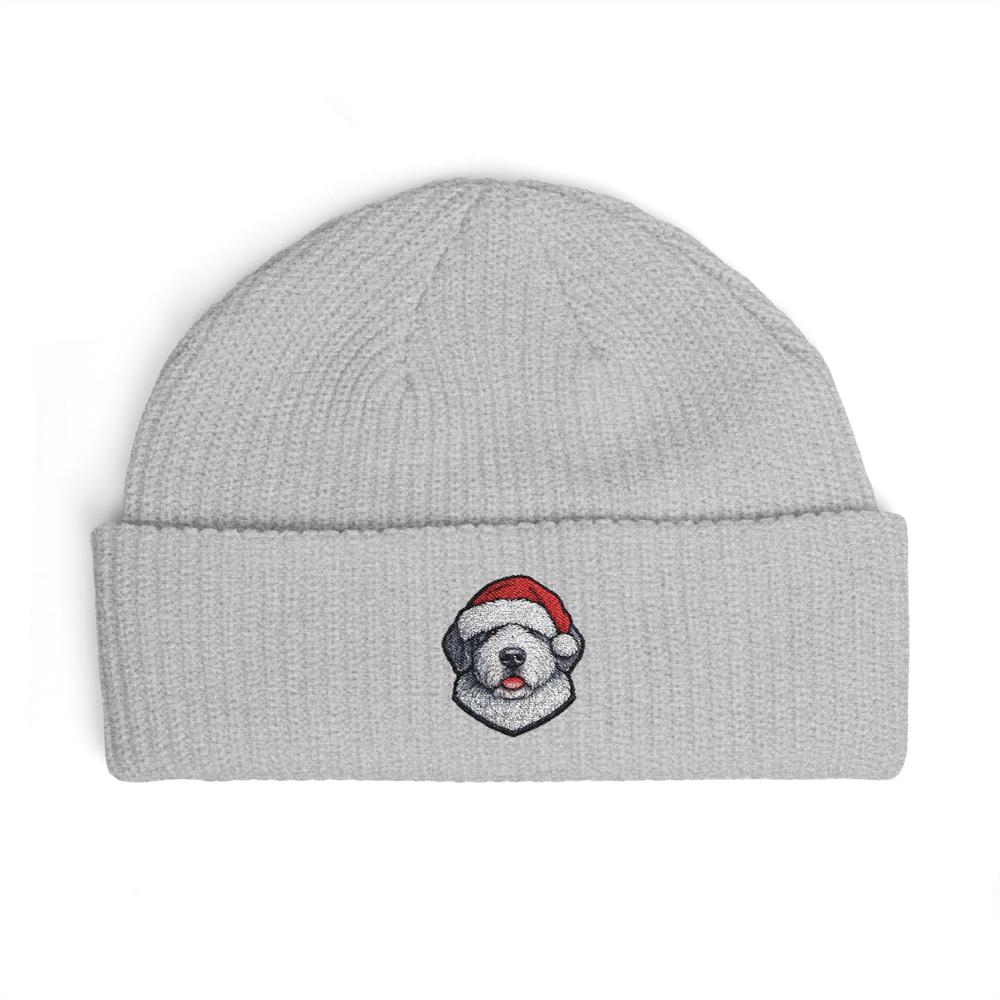 Cuffed Beanie — Embroidered Old English Sheep Dog in Santa Hat Winter Hat