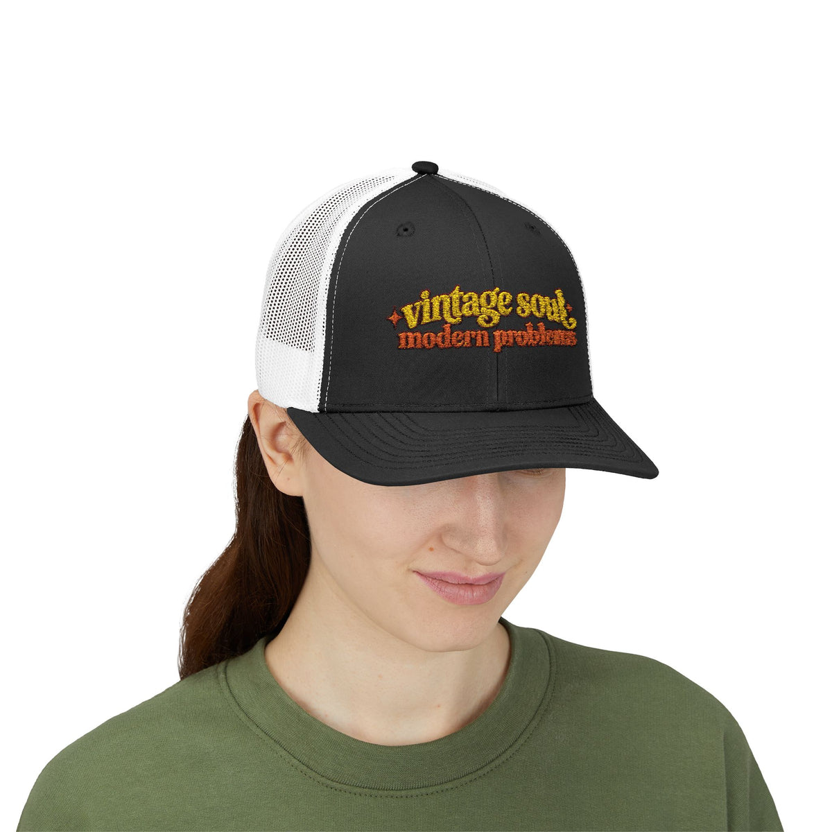 Vintage Soul modern problems Trucker Cap | Retro Script Embroidery