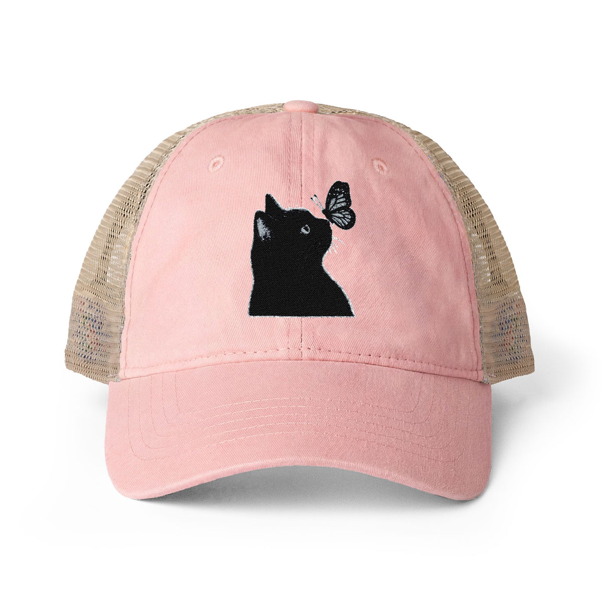 Black Cat embroidered Women's Washed Mesh-Back Cap