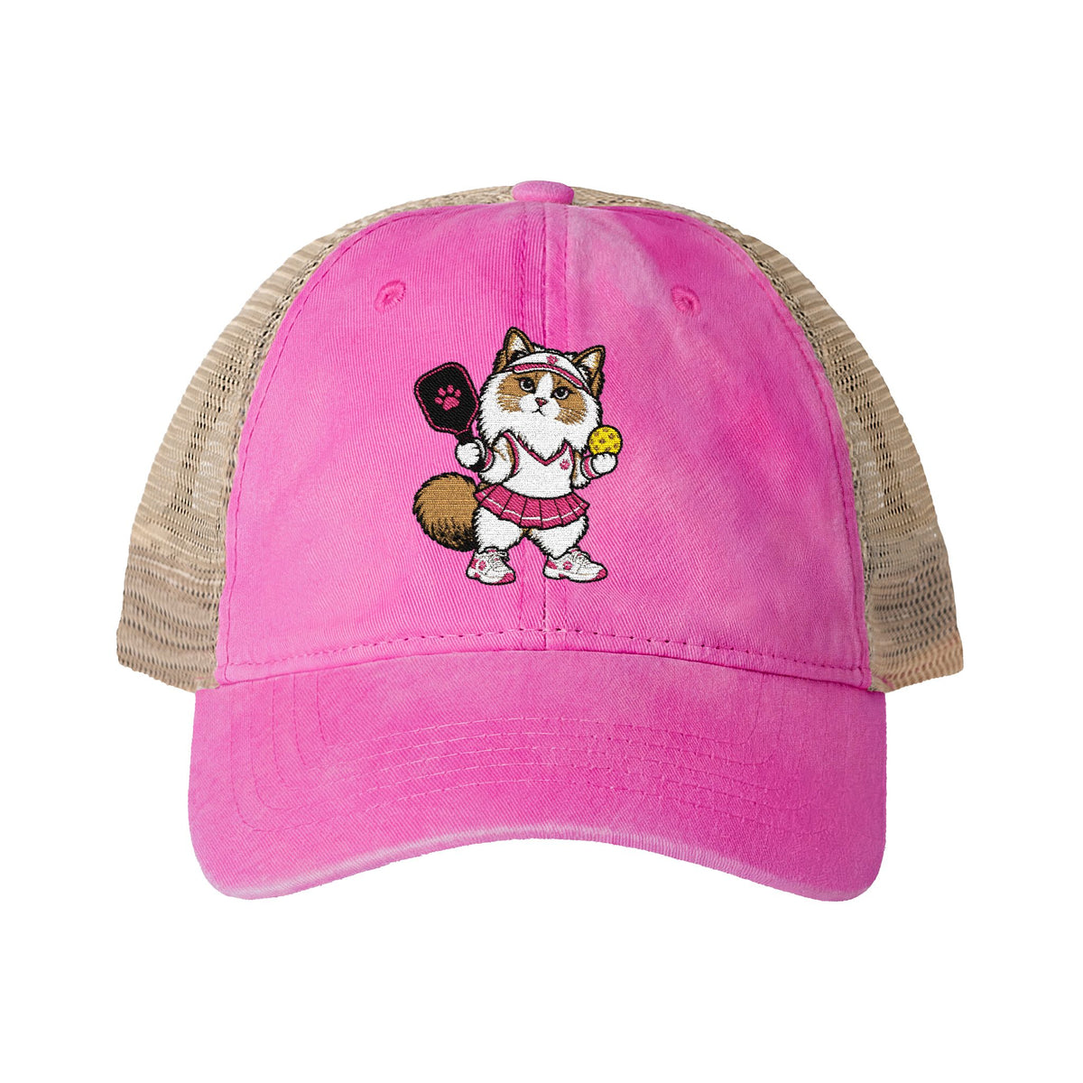Pickleball Cat Embroidered Women's Washed Mesh-Back Cap