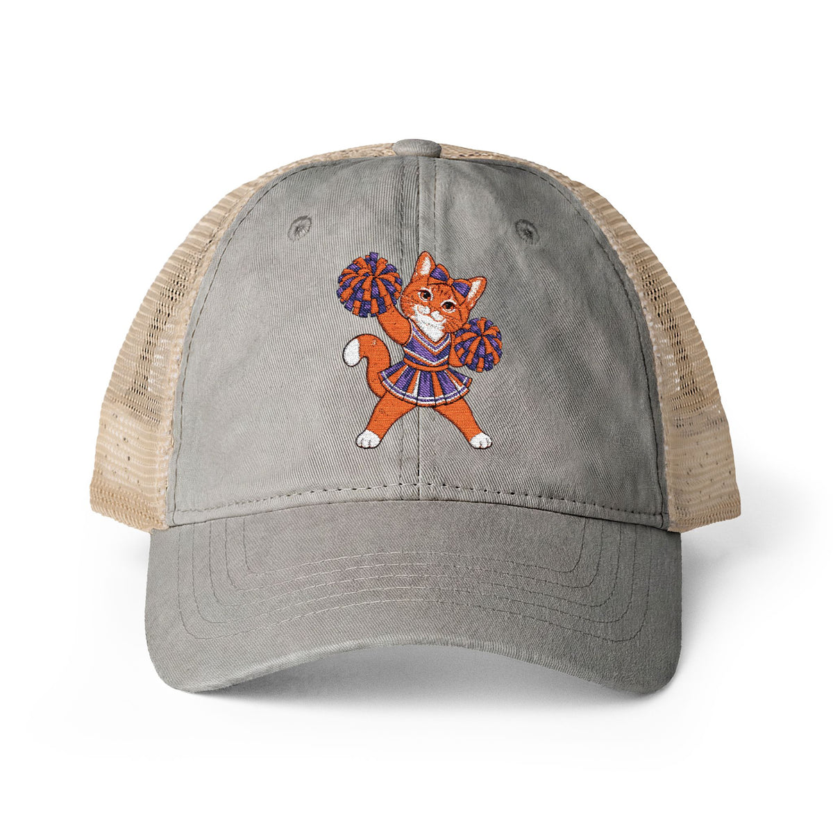 Orange Cheer Cat Embroidered Women's Washed Mesh-Back Cap