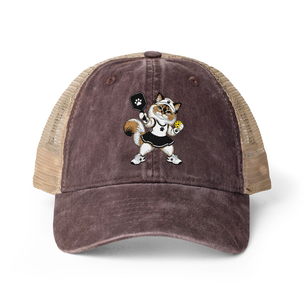 Pickleball Cat Embroidered Women's Washed Mesh-Back Cap