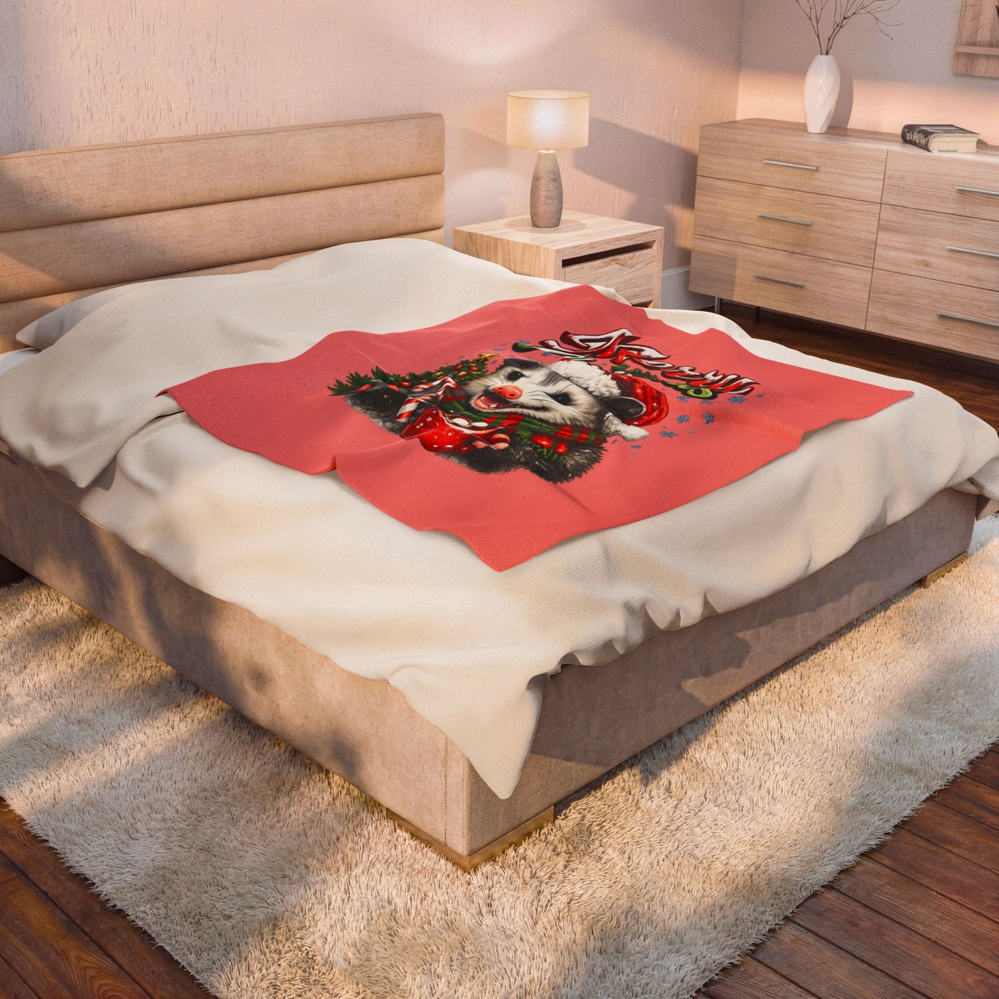 Merry Christmas Opossum Velveteen Plush Blanket