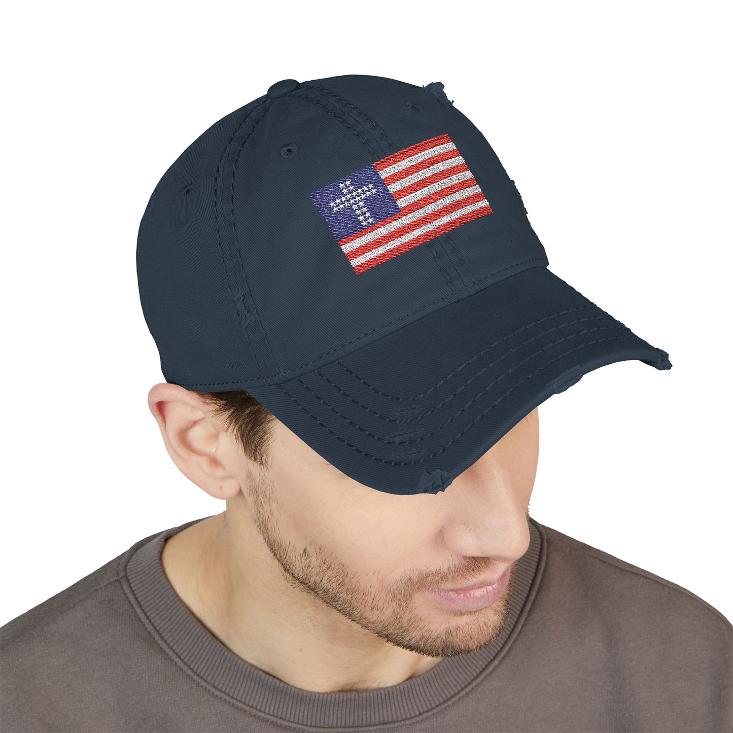 Distressed Embroidered Flag Hat — Vintage American Flag Baseball Cap