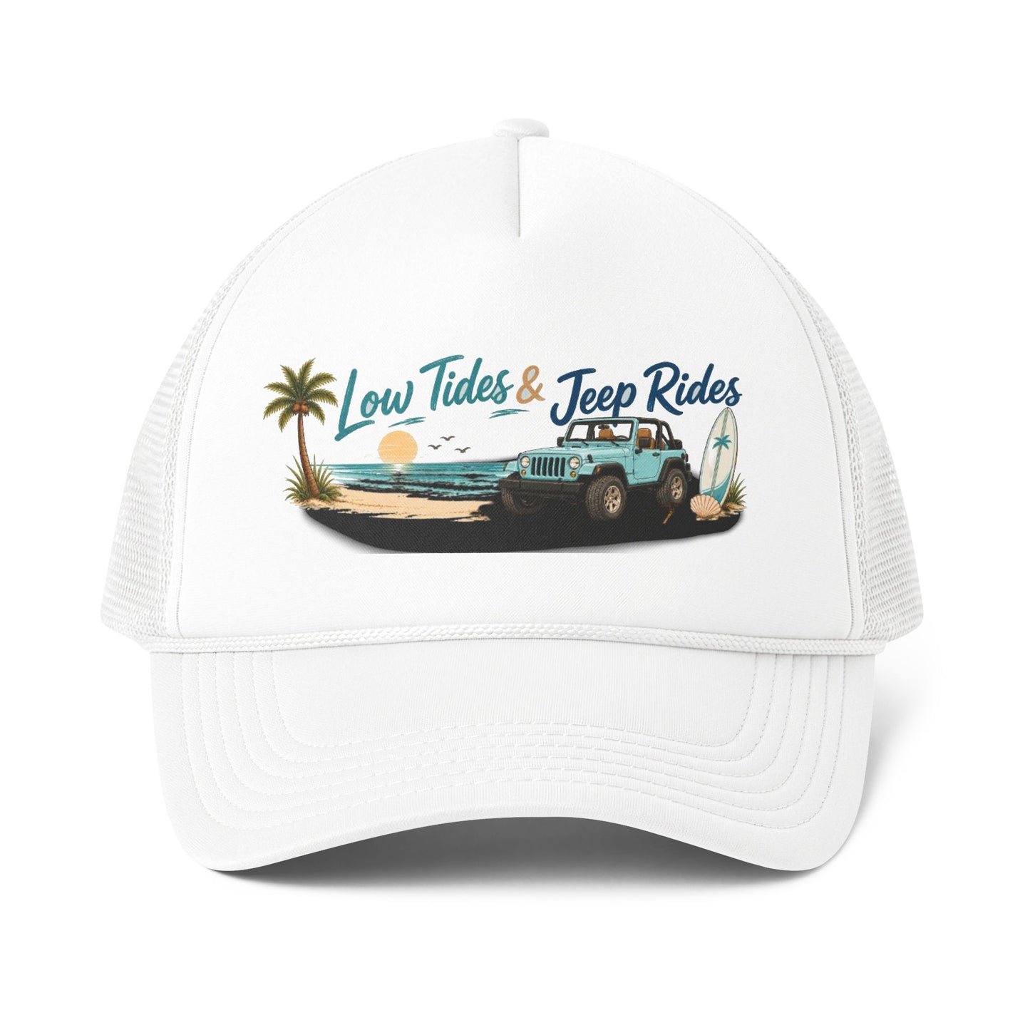 Low Tides & Beach Rides Trucker Cap | Beach 4x4 Surf Ocean Vintage Graphic