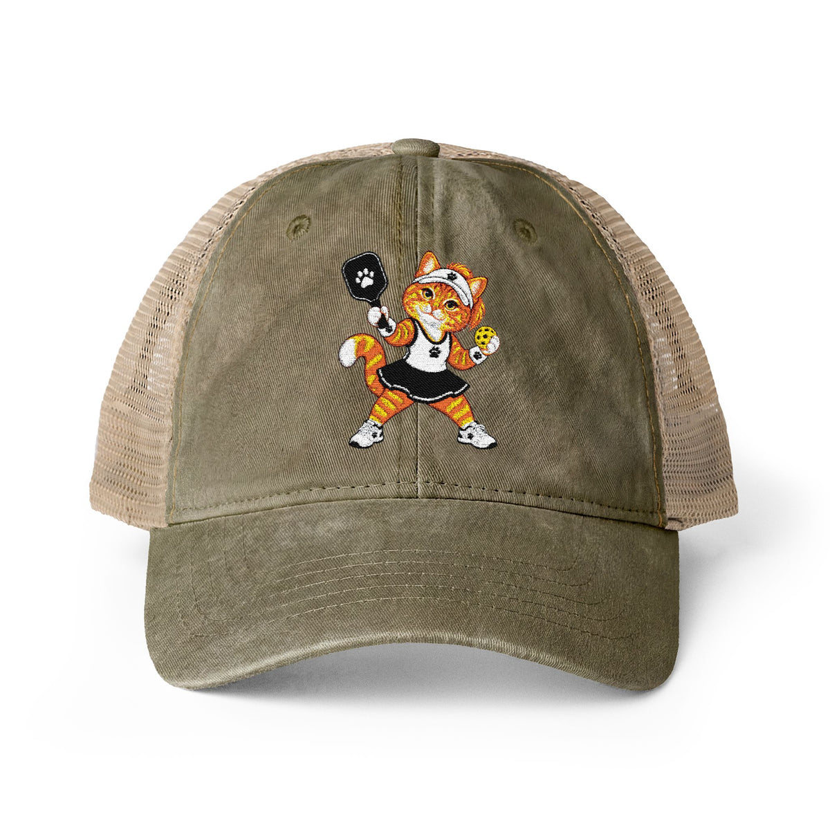 Pickleball Orange Cat Embroidered Women's Washed Mesh-Back Cap