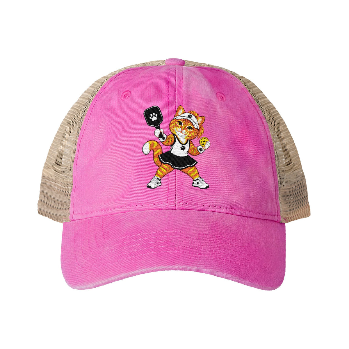 Pickleball Orange Cat Embroidered Women's Washed Mesh-Back Cap