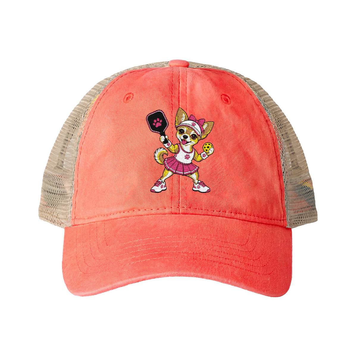 Pickleball Chihuahua Embroidered Women's Washed Mesh-Back Cap