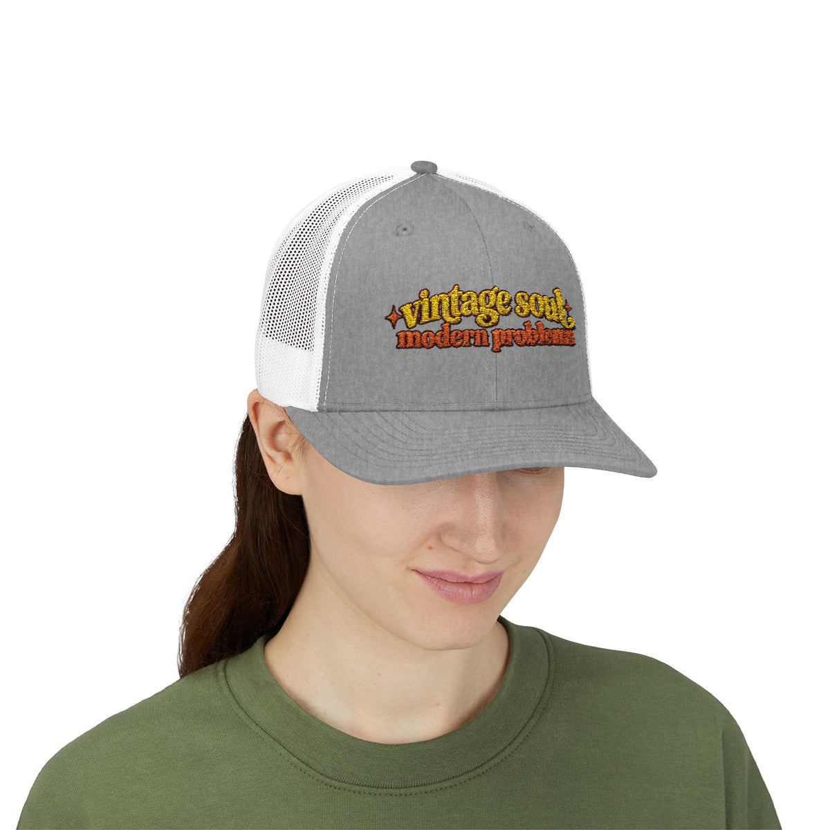 Vintage Soul modern problems Trucker Cap | Retro Script Embroidery