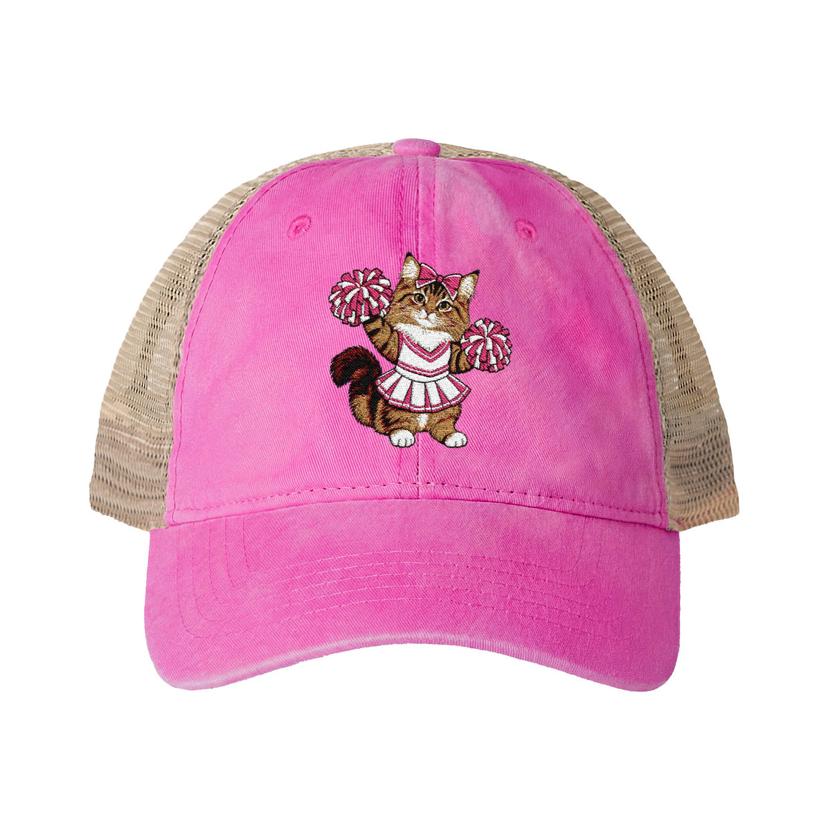 Cheerleader Cat Embroidered Women's Washed Mesh-Back Cap